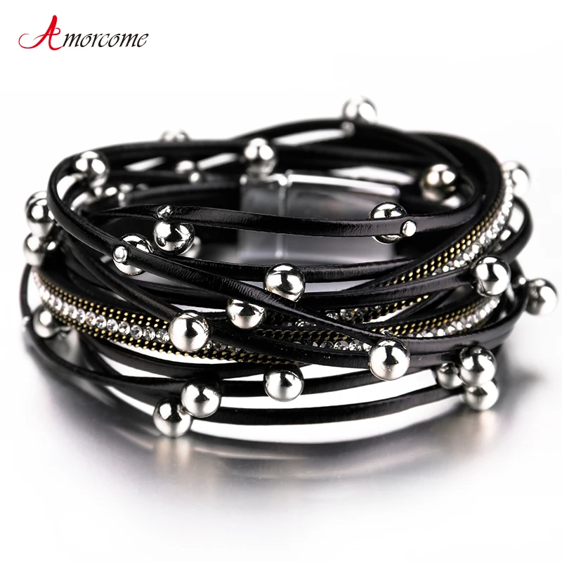 Amorcome Multilayer Leather Bracelets For Women 2020 Trendy Design 4 Colors Beads Charm Double Wrap Bracelets & Bangles Jewelry