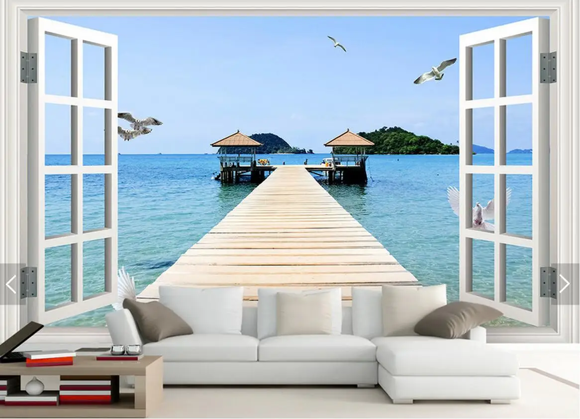 Окно море пляж Mew фотообои обои для Гостиная Papel росписи 3d Спальня Обои обои с фрески