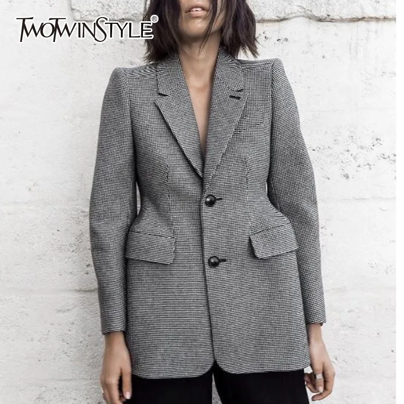 

TWOTWINSTYLE Plaid Women's Woolen Coat V Neck Tunic Long Sleeve Pocket Slim Blazer Female Tops Autumn Fashion OL Clothing 2019