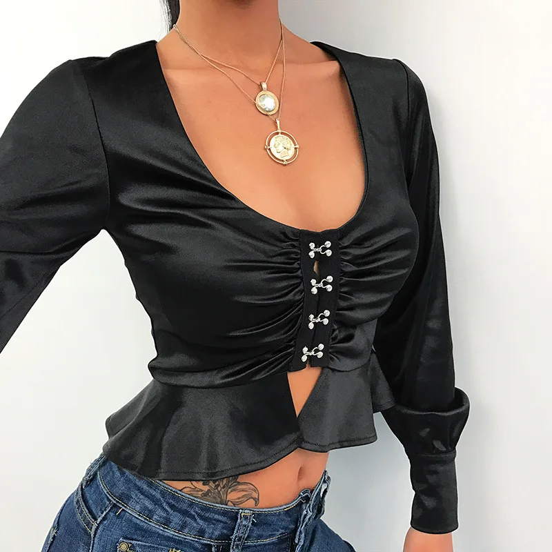 

Autumn Slim elegant shirt women 2018 Spring Square neck Hem ruffled sexy short shirts Womens blouse female blouse shirt top
