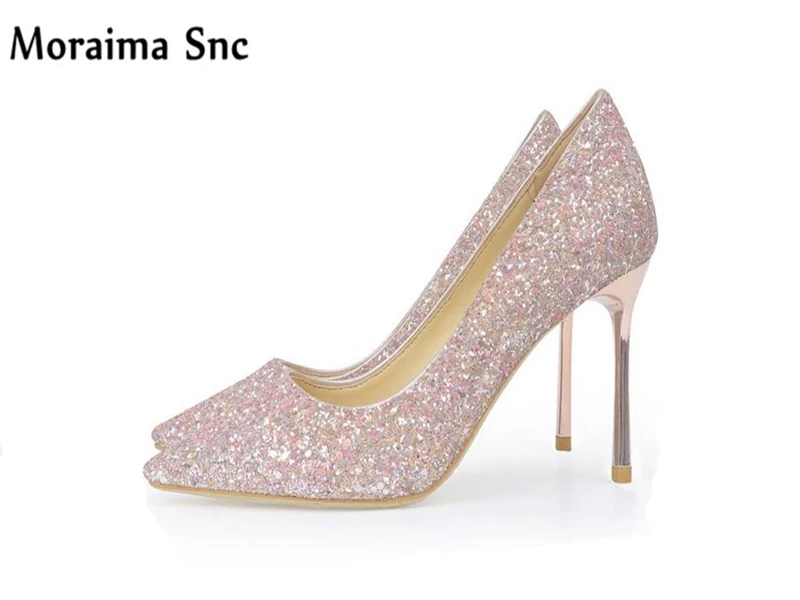 

Moraima Snc Brand high heel wedding pumps shallow slip-on bling vamp thin high heels pointed toe 2018 newest concise type pumps