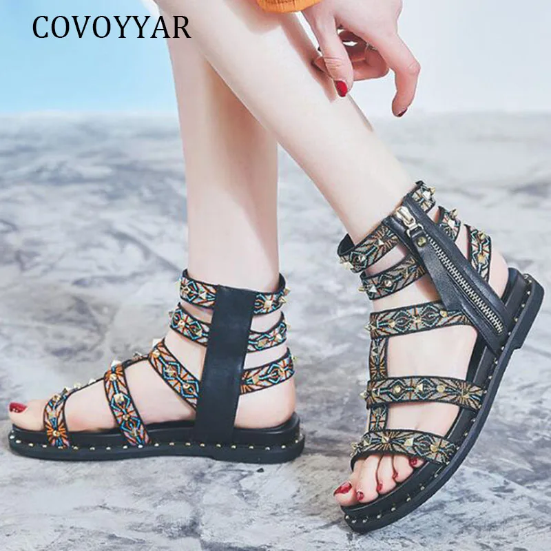 

COVOYYAR Women Sandals Genuine Leather 2019 Summer Rome Open Toe T-tied Beach Flat Sandals Zip Mixed Colors Shoes Woman WSS448