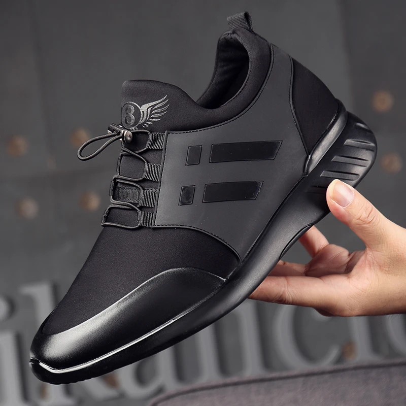 2019 Men's Shoes Quality Lycra+Cow Leather Shoes Brand 8CM Increasing British Shoes New Spring Black Man Casual Height Shoes