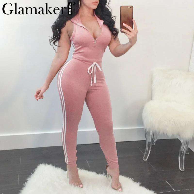 

Glamaker Pink sleeveless hoodie sexy jumpsuit Women bodycon jumpsuit overalls streetwear Female fashion casual jumpsuits rompers