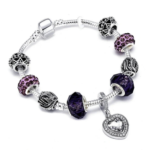 Роскошный браслет с кулоном Сердце 925 уникальный серебряный Хрустальный Браслет для женщин DIY брендовые браслеты и браслеты ювелирные изделия подарок - Окраска металла: Purple