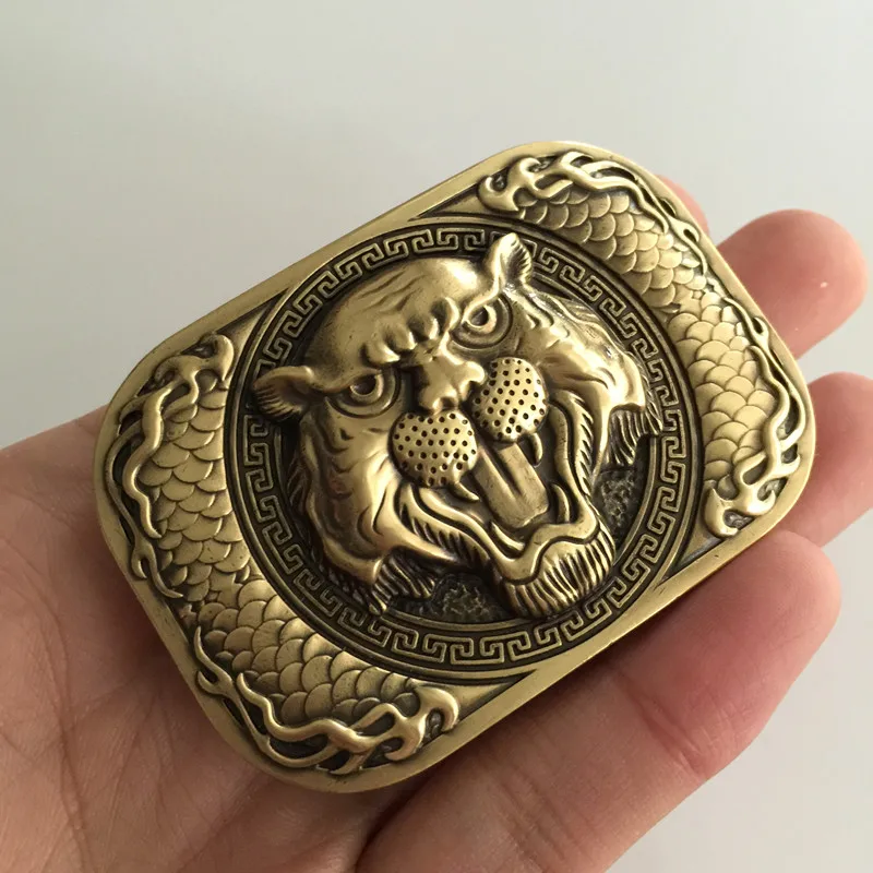 Retail 2017 New High Quality 3D Tiger Head Solid Brass belt buckle With