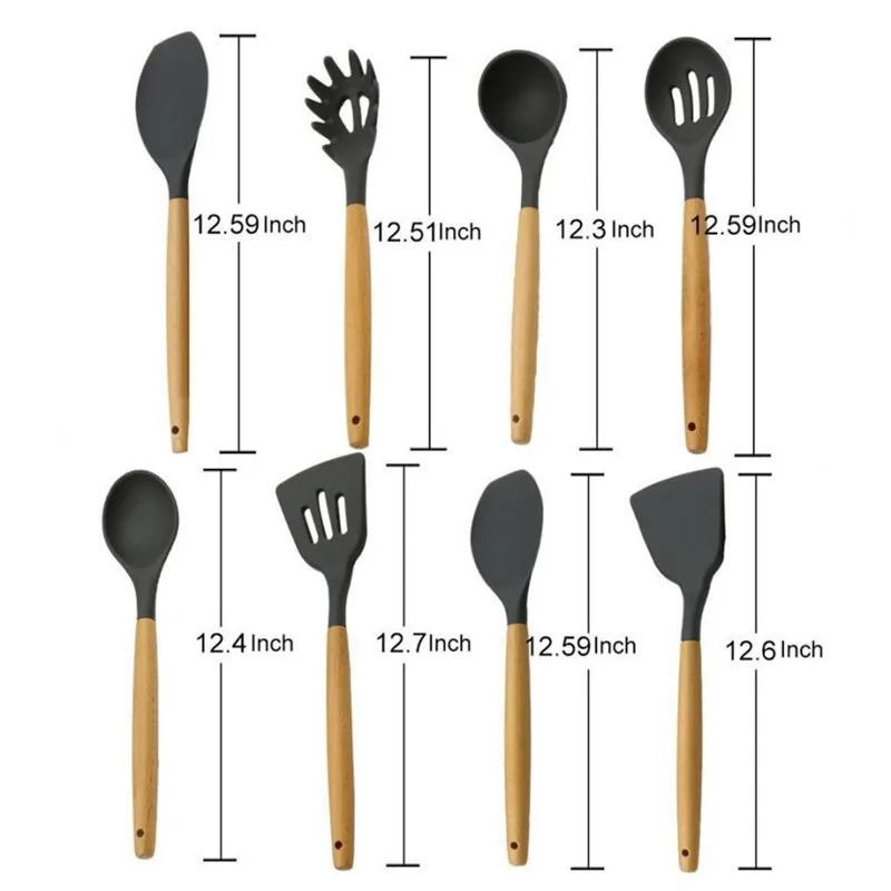 8pcs Set Long Wood Handle Kitchen Cooking Utensils Silicone Heat Resist Baking BBQ Spoon Stainer set Cook Spade Shovel drop ship