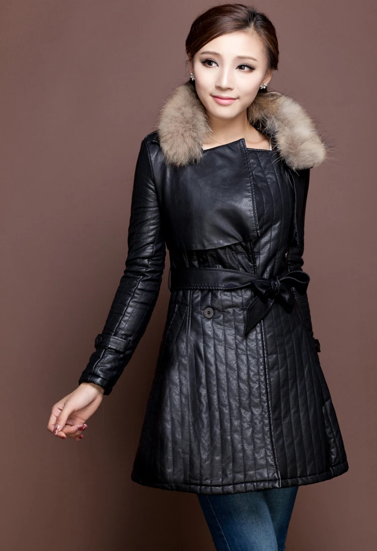 Qiu dong with thick fur leather jacket women cotton long leather trench ...