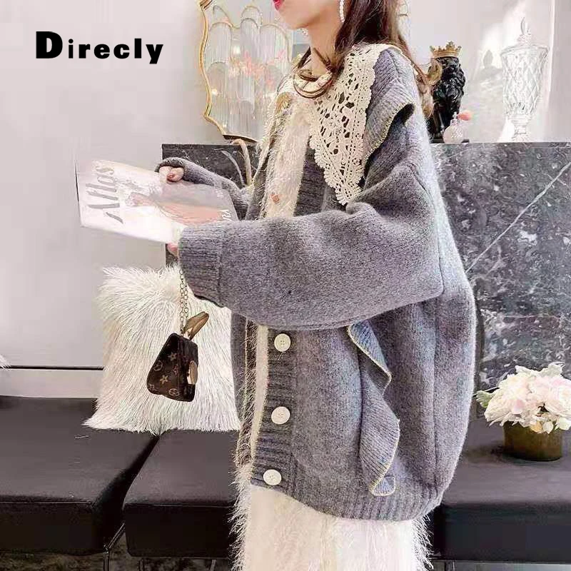 

Direcly 2019 Soft Female Patchwork Ruffles Loose Sweater Coat Women Spring Autumn Long Sleeve Warm Outwear Knitting Coat