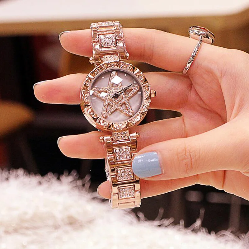 

Brand Dial Bracelet Wristwatch Crystal Star Watch Pentagram Relogio Feminino Women Rhinestone Watches Lady Rotation Dress Watch