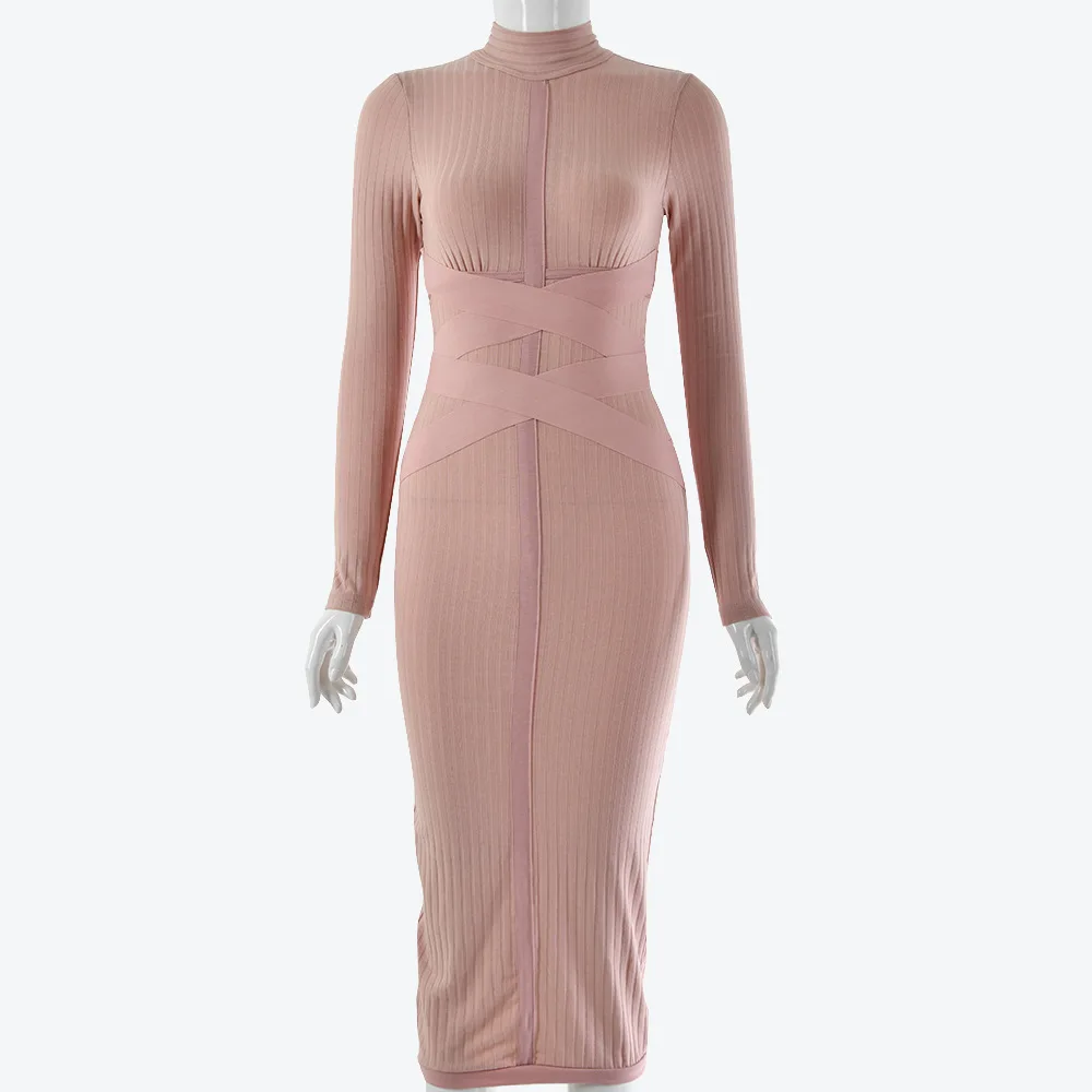 Сексуальное коктейльное вечернее платье с длинным рукавом, приталенное трикотажное платье-карандаш средней длины, облегающее трикотажное платье в рубчик - Цвет: pink colour