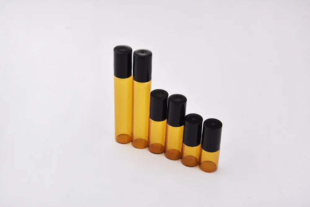 20pcs/lot 3ML 5ML 10ML Amber Thin Glass Roll on Bottle Sample Test Essential Oil Perfume Vials with Black Roller Metal Ball