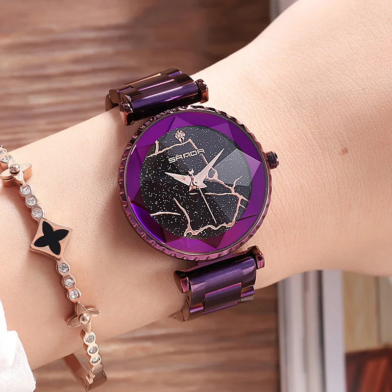 

SANDA Creative Night Flash Sky Dial Watches Women Stainless Steel Watch Purple Lady Wristwatches Clock For Female montres femme