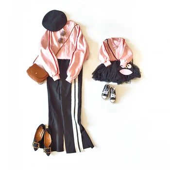 

Mommy and Me Clothes Mom Mother Girl Daughter Outfits Original Leather Pink Baseball Suit Jacket Autumn Family Clothing Set