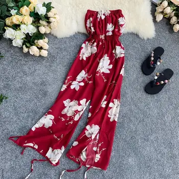 

Holiday Jumpsuit Chiffon Printing Flowers Waist Thin Wide Legs Women Slash Neck Sleeveless Overalls F370