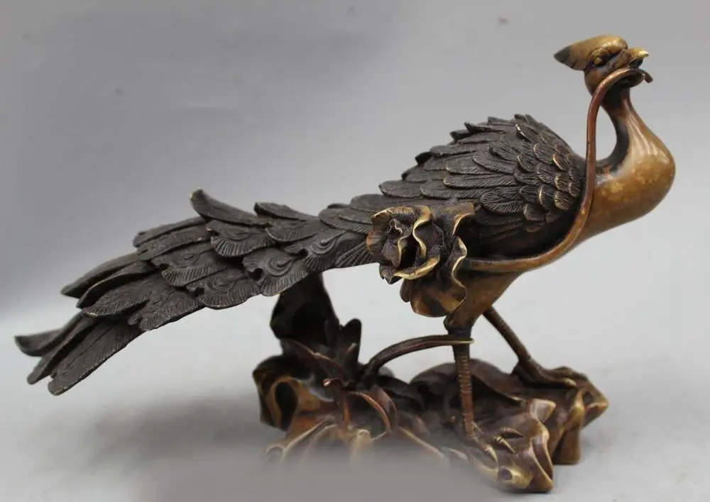 

11"Lucky China fengshui Pure Bronze Animal Rosefinch Peacock peafowl bird Statue