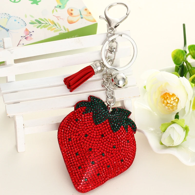 

MINHIN Women Pink/Red Key Chain Lovely Strawberry Rhinestone Mosaic Leather Pendant Key Chains Silver Plated Keyring For Women