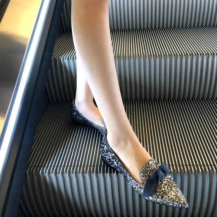 Stylesowner сладкий ботинок с банток острый носок Bling блёстки слипоны сезон: весна-лето обувь цвет серебристый, золотой черный на плоской подошв