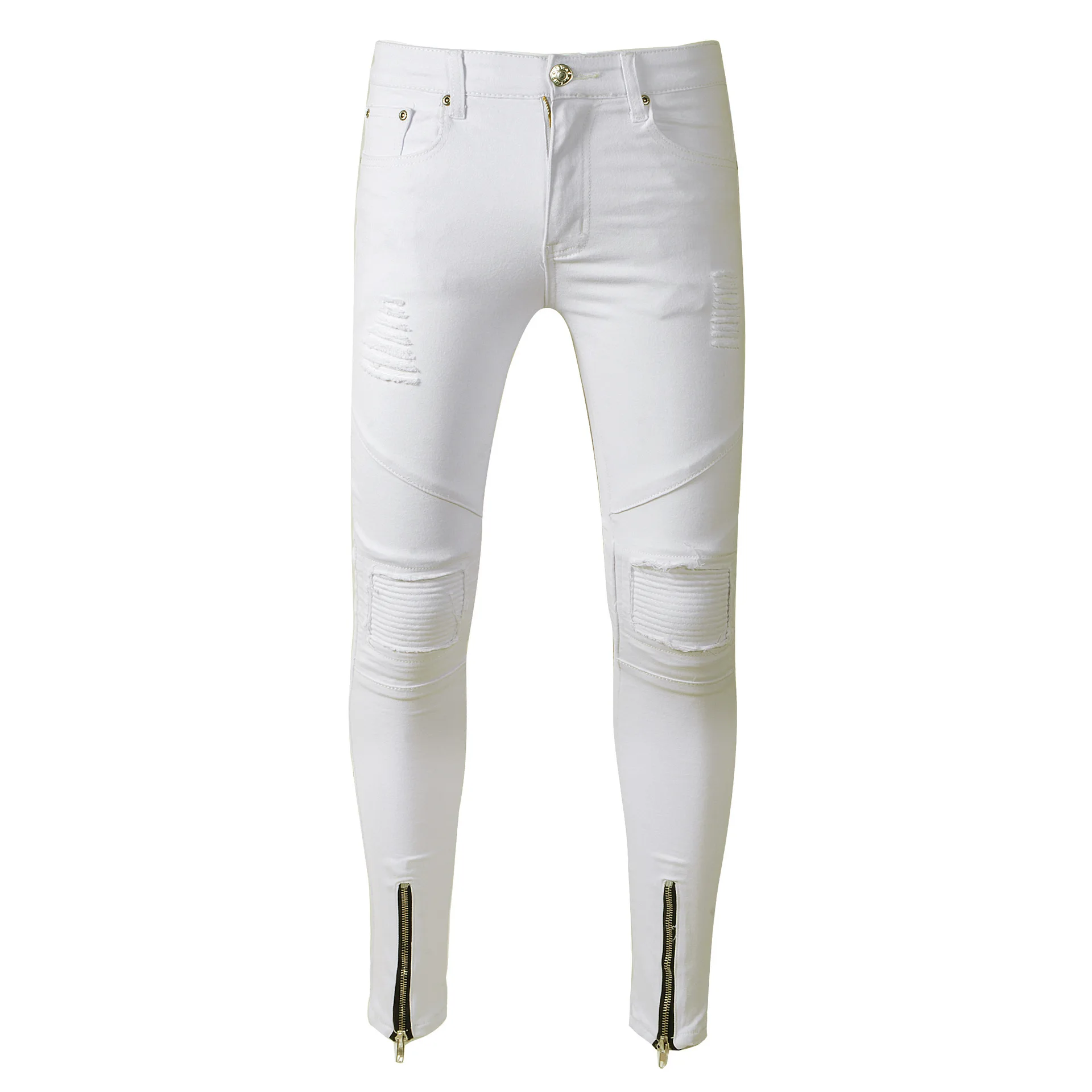 Новый Для мужчин джинсы моды мыть рваные блестящие джинсовые штаны хип-хоп Уличная упругие белые брюки карандаш с молнией
