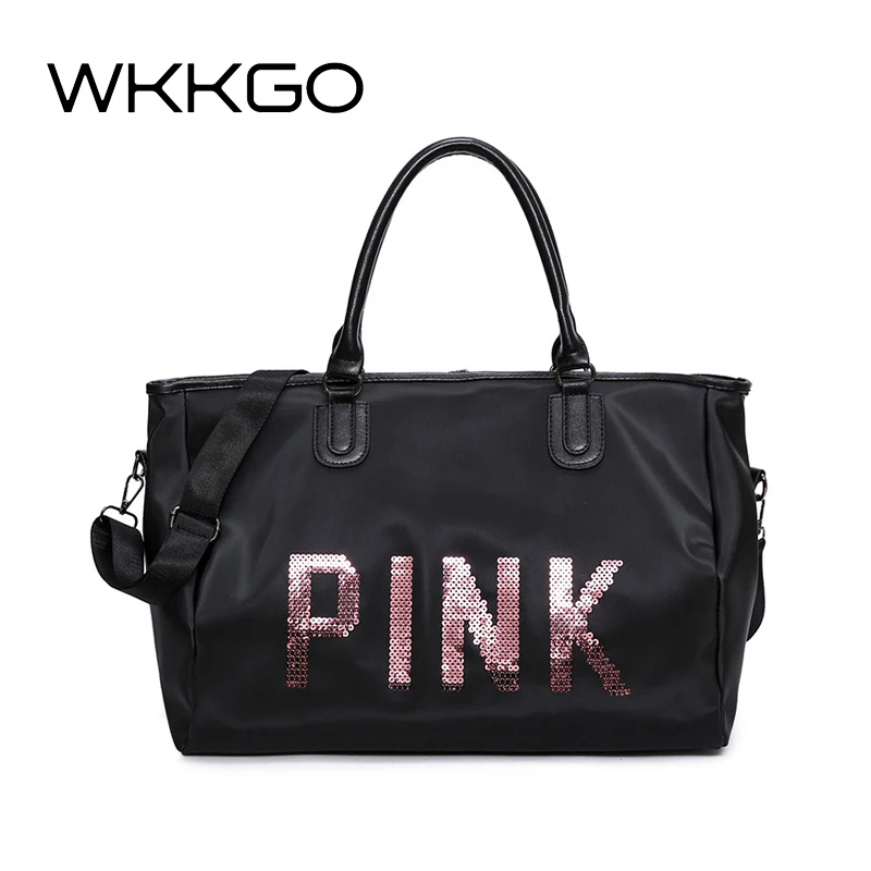 

WKKGO Brand Pink Letter Handbag Fashion Women Totes Large Capacity Travel Bags Oxford Waterproof Pack Unisex Canvas Shoulder Bag
