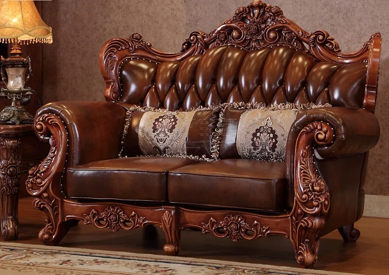 luxury italian red oak solid wood leather sofas living room furniture sets from China-PRF3027