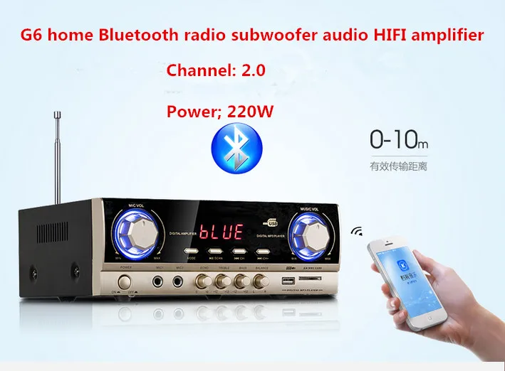 

Аудиоусилитель для караоке G6, 220 Вт, 2 канала, HIFI, AV, Bluetooth, FM, сабвуфер, светодиодный дисплей, вход USB/SD, микрофон