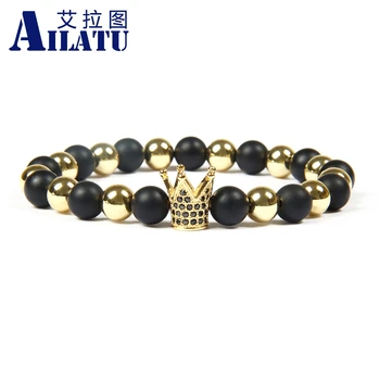 

Ailatu Men's Jewelry Wholesale 8mm Top Quality Matte Onyx Stone with Black Cz Crown & Stoppers Beaded Bracelets for Men's Gift