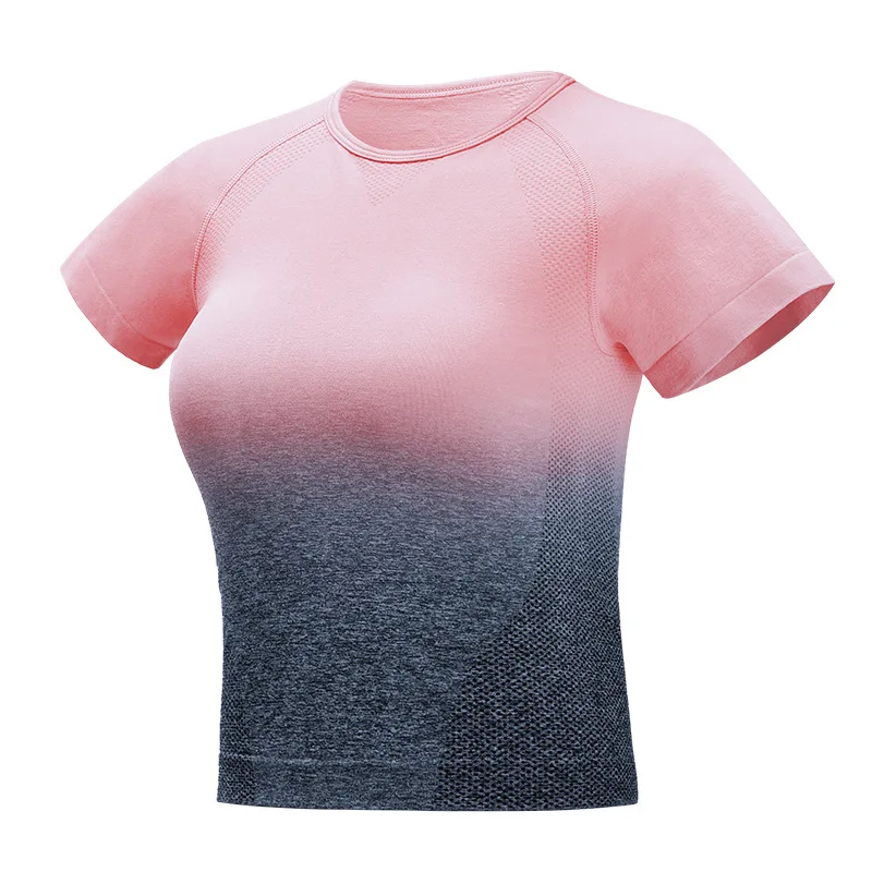 Бесшовный топ с эффектом омбре, топы для тренировок для женщин, футболка для спортзала, укороченный топ для йоги, спортивный топ для фитнеса, женский топ с короткими рукавами, футболка для спортзала, майка для бега - Цвет: Pink