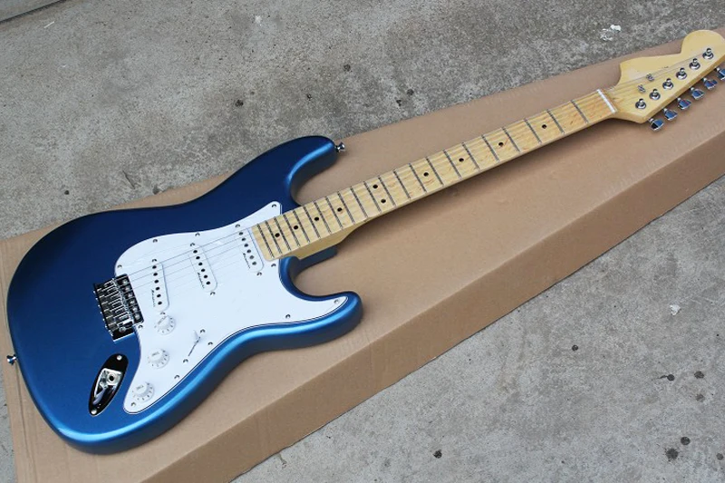 

Factory Metallic Blue Electric Guitar with Reverse Headstock,Scalloped Neck,Chrome Hardware,White Pickguard,Can be customized