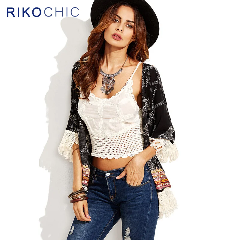 RIKOCHIC Vintage Women Ethnic Pattern Print Crochet Tassel Kimono