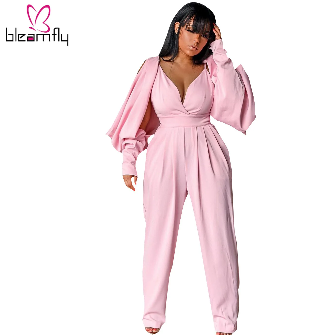 

2019 Women New Autumn Solid Plunging V-neck Cut Out Long Sleeve Jumpsuit Vintage Night Club Party Sexy Romper Elegant Playsuit