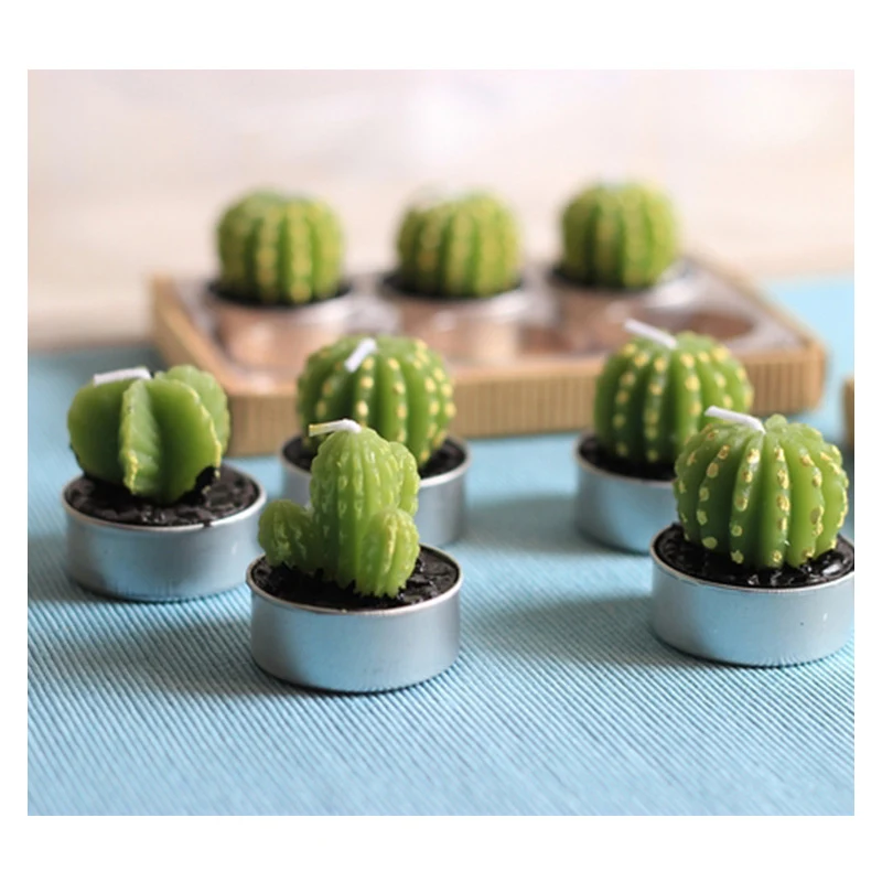 

3PCS Mini Green Non-spill Cactus Candle Tea Light Candles Cactus Wax Birthday Candle Party Set Mexican wedding decor supplies