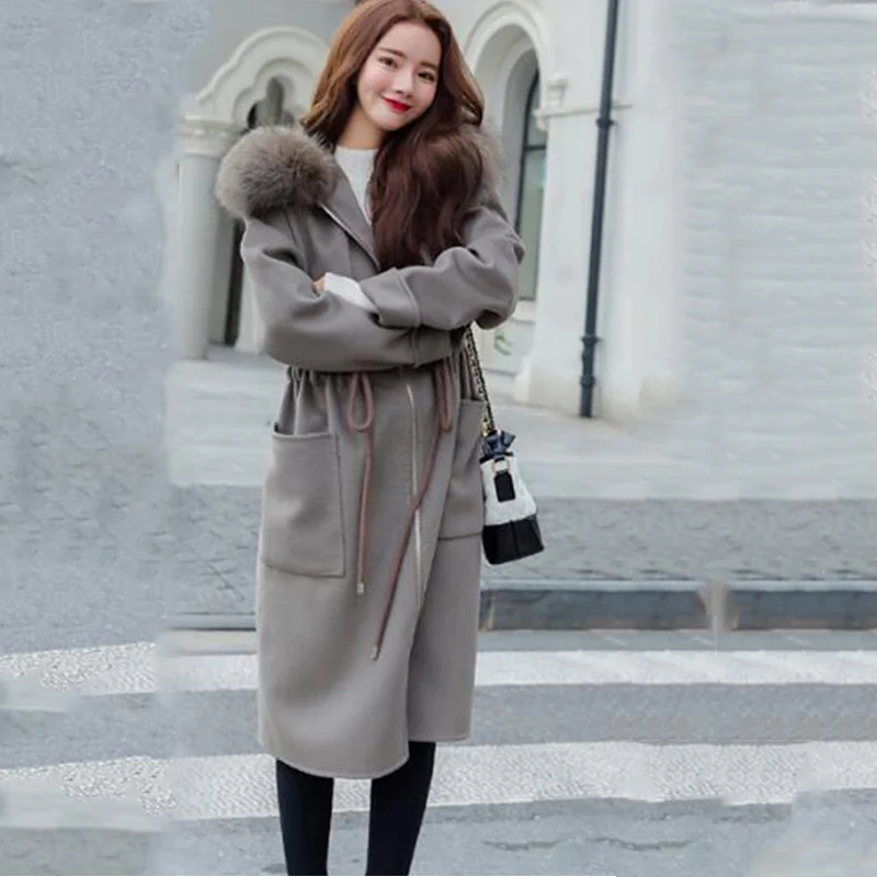 Корейская версия, новое зимнее длинное пальто, женское теплое кашемировое элегантное шерстяное пальто большого размера с капюшоном cc140