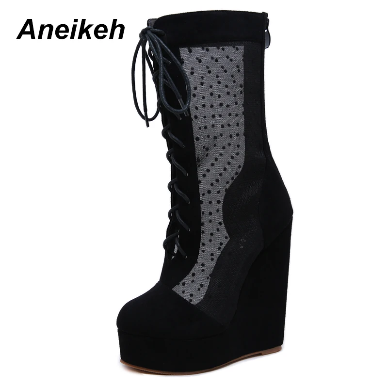 

Aneikeh 2019 Summer Sexy Mesh Boots Over-the-Knee Boots Rome Shoes Wedges Fashion Party Prom Shoes Riding, Equestrian Pumps