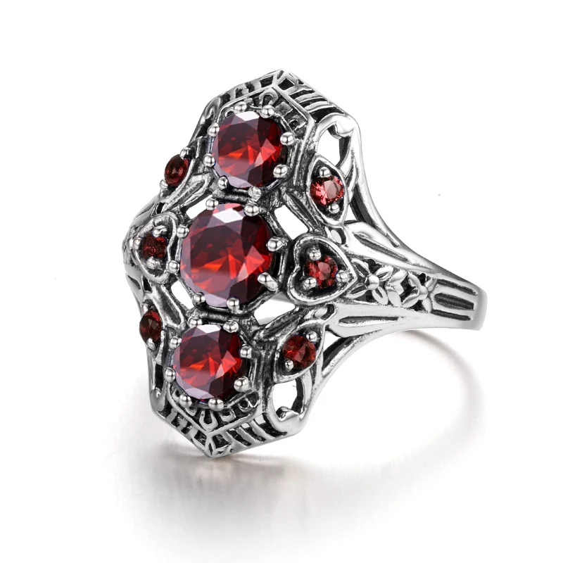 Szjinao Punk Red Stone Soild 925 Sterling Silver Ring Restoring Ancient Female Fashion Garnet Wedding Jewelry Big Order Price