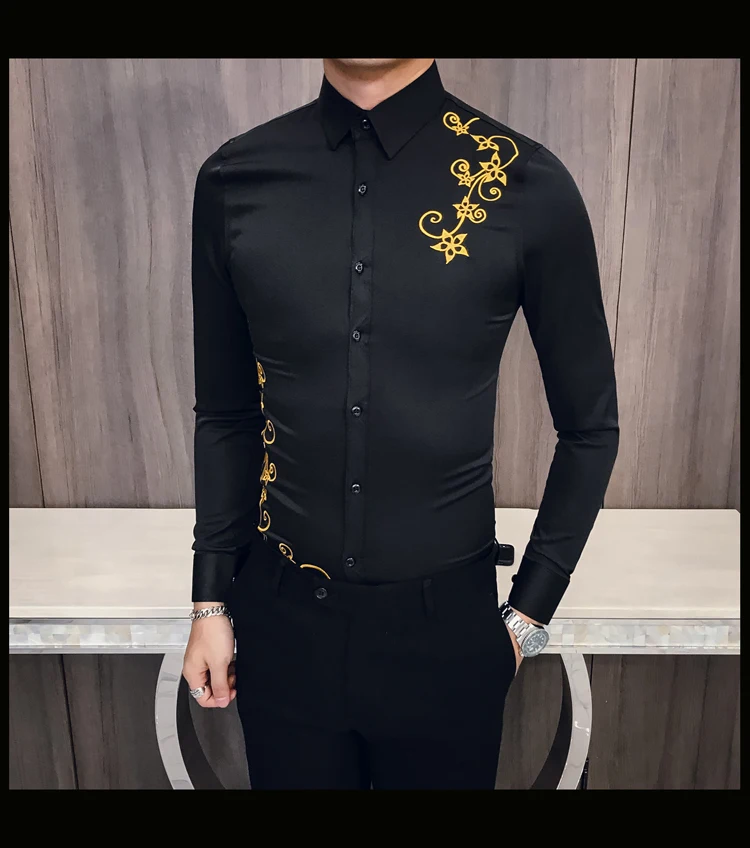 Новая Корейская вышитая Мужская рубашка Kemeja Pria, приталенная Мужская рубашка с длинным рукавом, Мужская Клубная рубашка на выпускной, Camisa Masculina, весна