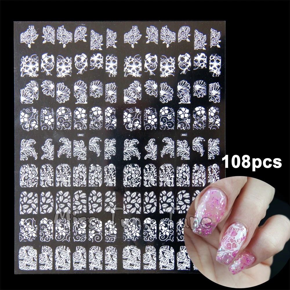 3D White Nail Stickers Decal Tips 108pcs Large Self adhesive Metallic