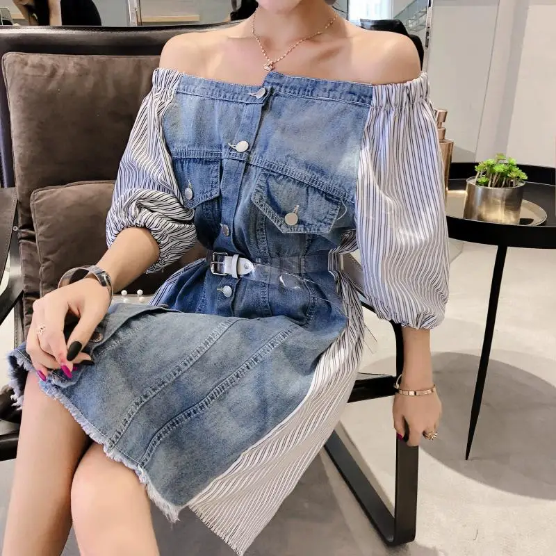 

Asymmetry Vintage Elegant High Waist Belt Sashes Off Shoulder Single Breasted Stripe Denim Pocket Sexy Dress Party Blouse/Shirts