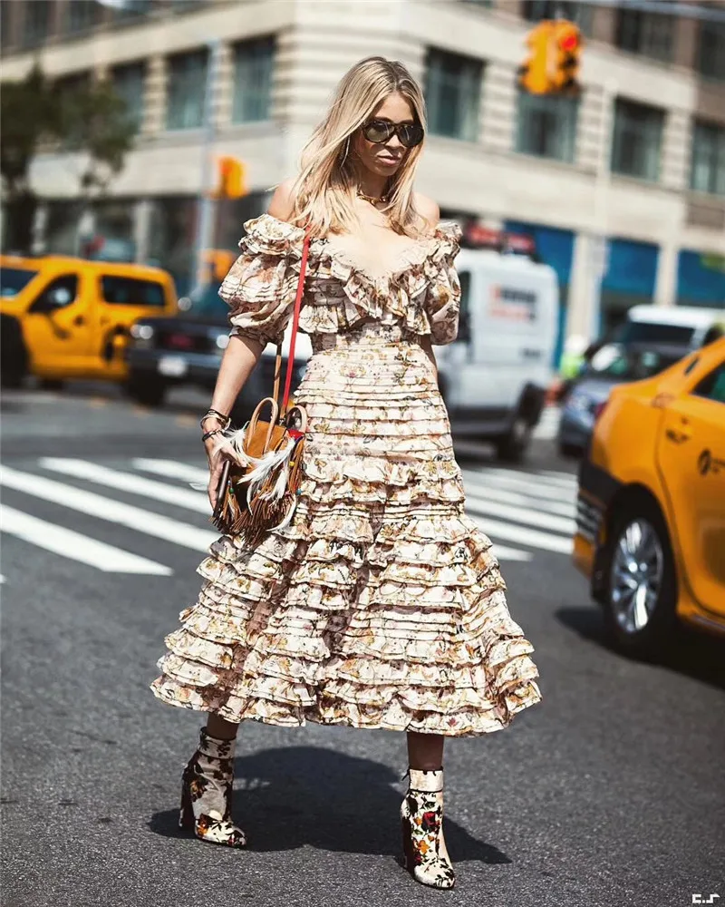

Resort Runway Silk Peach Tapestry Painted Heart Folds Bodice Crop Top With Frills Back Ties Short Sleeved + Matching Midi Skirt
