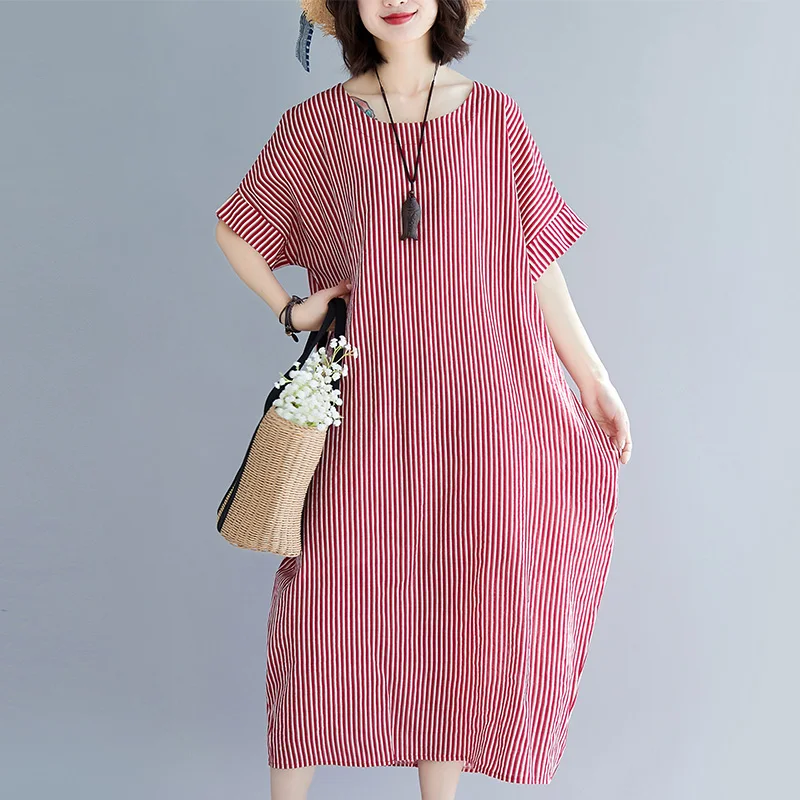 

Uego Short Sleeve Loose Summer Dress Fashion Print Striped Korea Design Preppy Style Dress Plus Size Women Casual Midi Dress