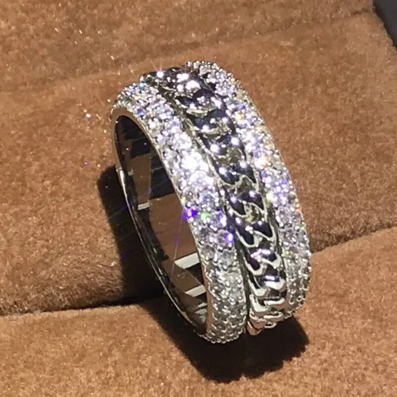 4 ряда полный Pave 5A кубического циркония Роскошные ювелирные изделия 925 пробы серебро вращающийся цепи для женщин обручальное кольцо для влюбленных подарок