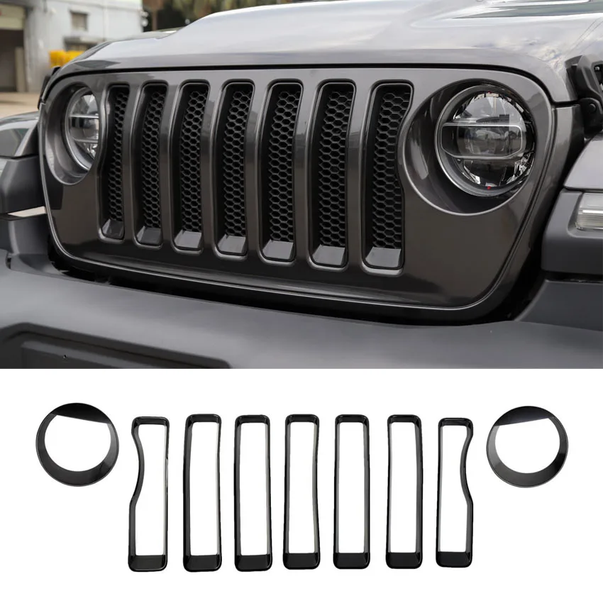 

For Jeep Wrangler JL 2018+ Car Front Grill Grille Cover Trim Frame Headlight Lamp Ring Styling Exterior Accessories Stickers ABS