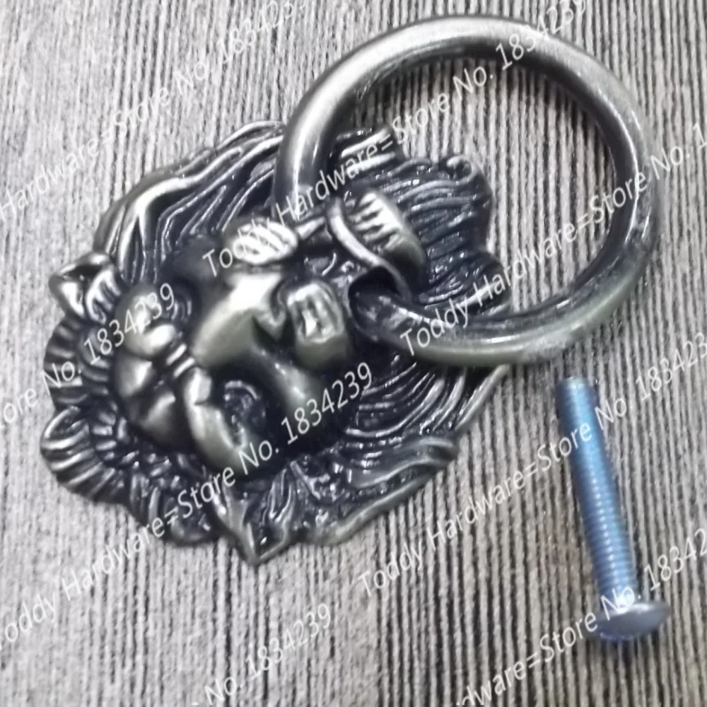 Length 67mm Antique Brass Ring Handles Vintage Bronze Metal Lion Head Knob Furniture Door Cabinet Dresser Drawer Pull