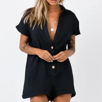 

Cotton Fabric Women Romper Womens Plus Size Loose Plain Dyed Solid Black White Jumpsuit 2019 New Fashion Ladies Casual Jumpsuits
