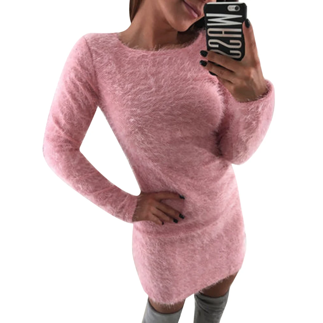 Fashion Women Plush Sweater Dress Autumn Winter Faux Fur Fluffy Warm