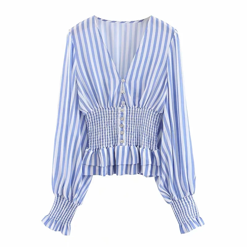 

vintage women striped blouses 2019 summer ladies ribbed sleeve shirts parties girls casual button-fly chiffon tops femme chic