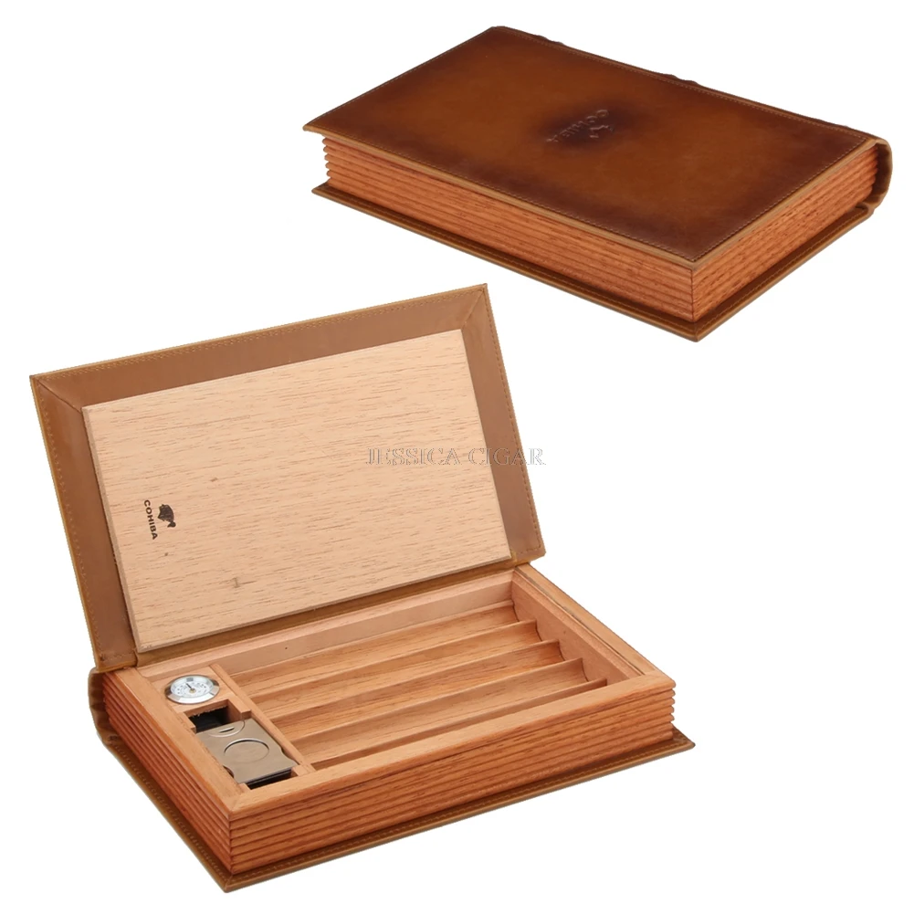  COHIBA Elegant Book Design Cedar Wood Cigar Humidor Box Portable Leather Cigar Travel Case With Cut