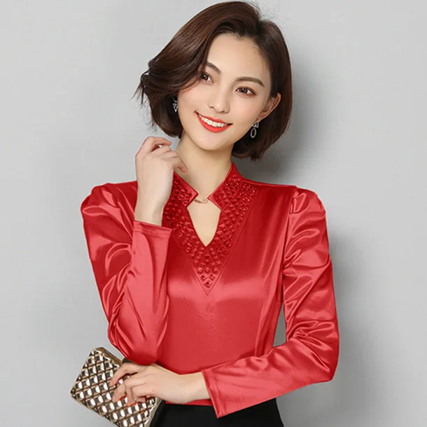 FGLAC женские блузки модная блуза с длинным рукавом Элегантная тонкая с v-образным вырезом однотонная майка с бриллиантами размера плюс женские топы blusas - Цвет: Красный
