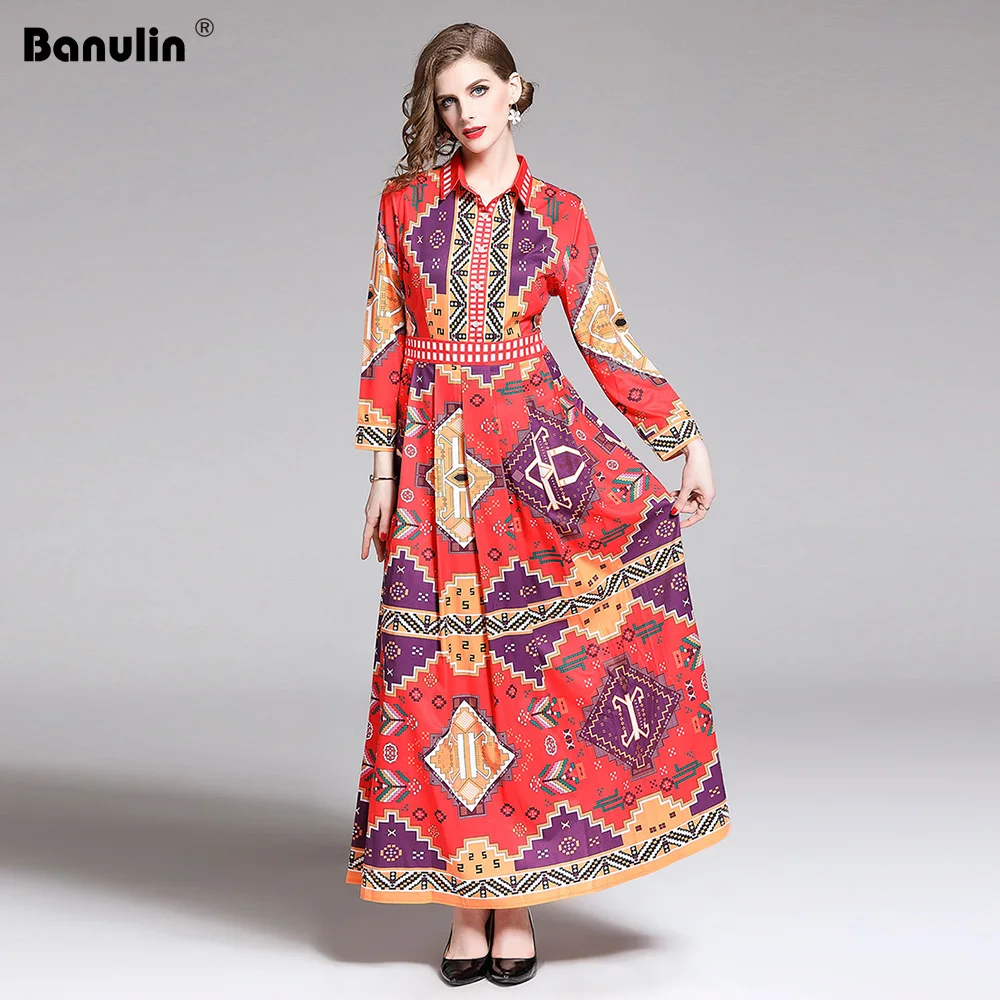 

Banulin 2019 Summer Runway Elegant Floral Print Long Sleeve Long Maxi Party Dress Women's Boho Vestidos Robe Femme B7226