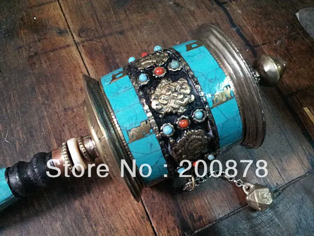 免税送料無料 Tbc863チベットマニ手祈りホイール 11 刻まれた真鍮マニホイール ターコイズ 木製ターコイズハンドル お得なセット商品 Toxicslink Org